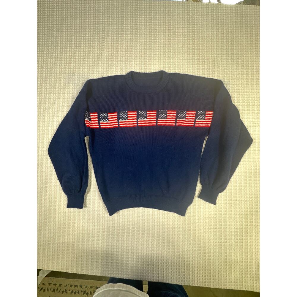 Vintage USA Flag Knit Sweater Navy Patriotic Americana Grandpa Core Pullover